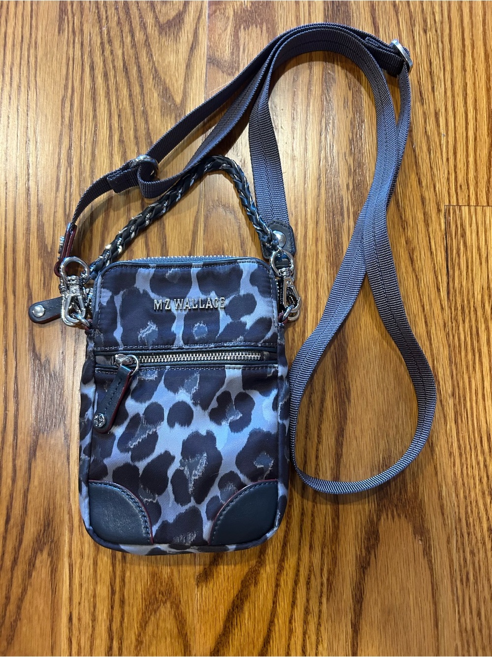 MZ Wallace Blue Gray Leopard Micro Tribeca Crossbody